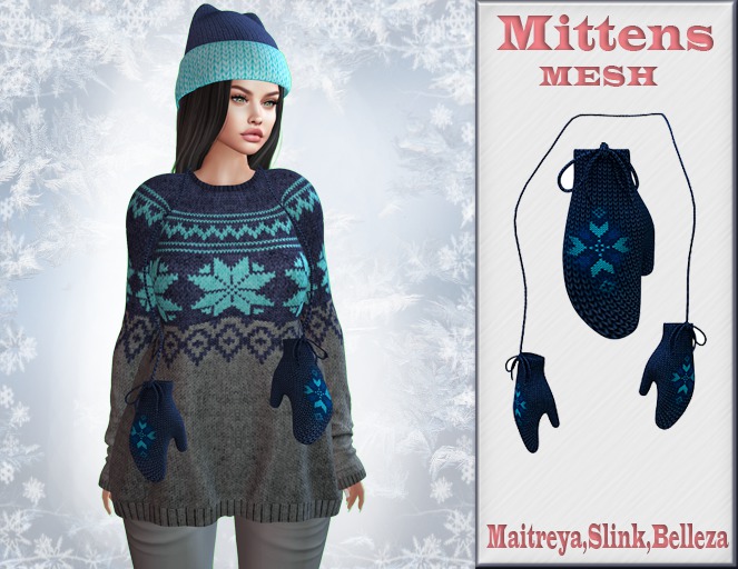 InStyle -WIinter Mittens Knitted blue -(Maitreya ,Slink ,Bellez