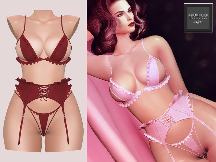 Second Life Marketplace - BBD - SAVANNAH Mesh Lingerie - BURGUNDY RED -  Maitreya Slink Belleza - Bra Garter Belt Panties - Valentine's Day