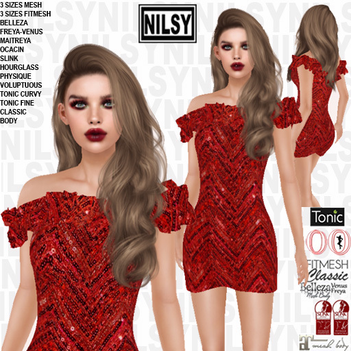 NILSY OFFSHOULDER RED PAILLETTE DRESS,ALL BODIES