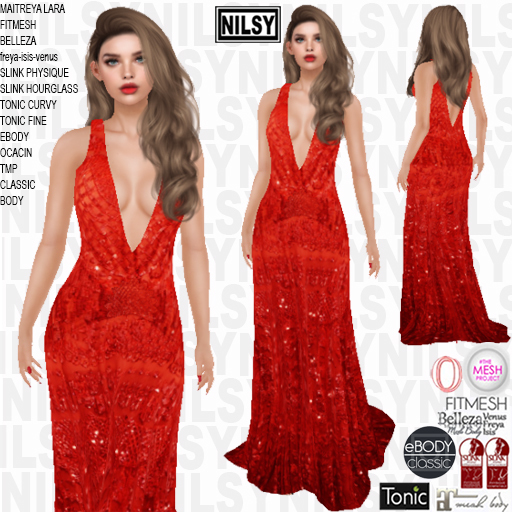 NILSY DEEP V NECK RED GOWN,ALL BODIES