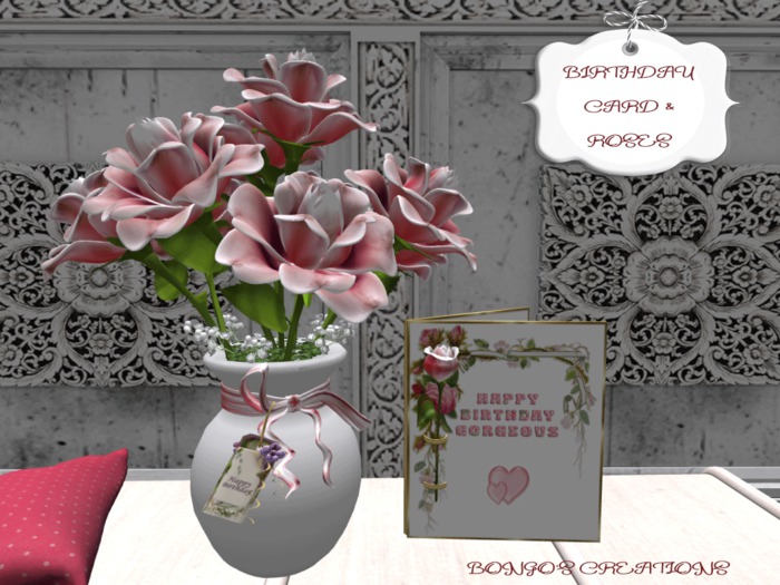 BMC214 HAPPY BIRTHDAY CARD & A VASE OF BEAUTIFUL ROSES. PERFECT BIRTHDAY GIFT.