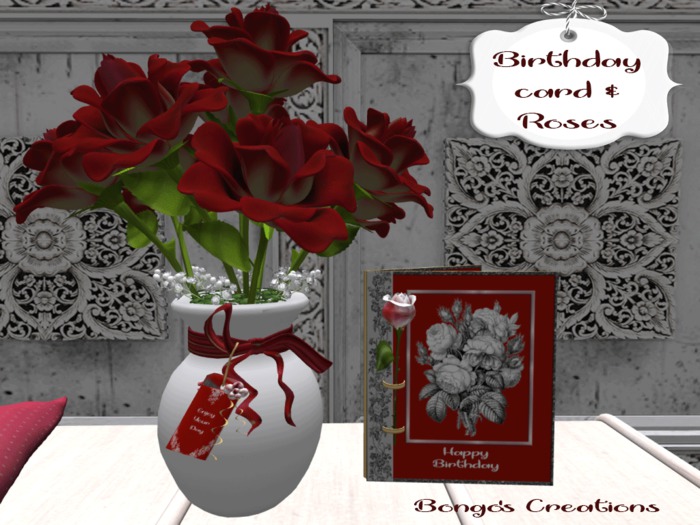 BMC318.HAPPY BIRTHDAY CARD & A VASE OF BEAUTIFUL ROSES.