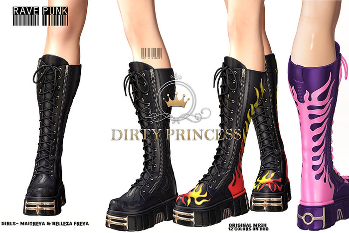 DIRTY PRINCESS- Rave Punk Princess Boots w/Hud 12 Colors