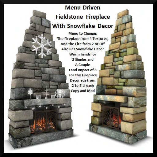 Menu Driven Fieldstone Fireplace With Snowflake Decor