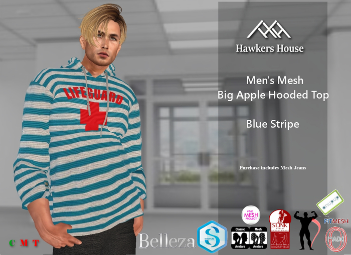 *HH* Men's Mesh Big Apple Hooded Top Blue Stripe