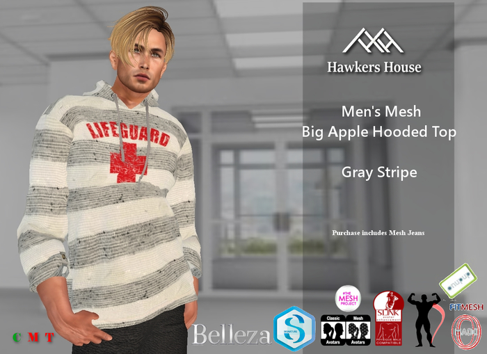 *HH* Men's Mesh Big Apple Hooded Top Grey Stripe