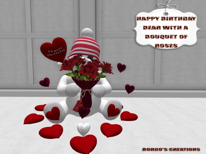 BMC361 - HAPPY BIRTHDAY BEAR WITH A BOUQUET OF ROSES.
