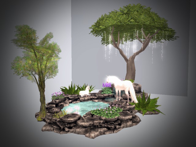 Magical unicorn pond with lights.