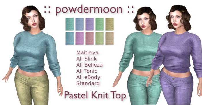 powdermoon - Pastel Knit Top DEMO & HUD - Maitreya, Slink, Belleza, Tonic, eBody, Standard