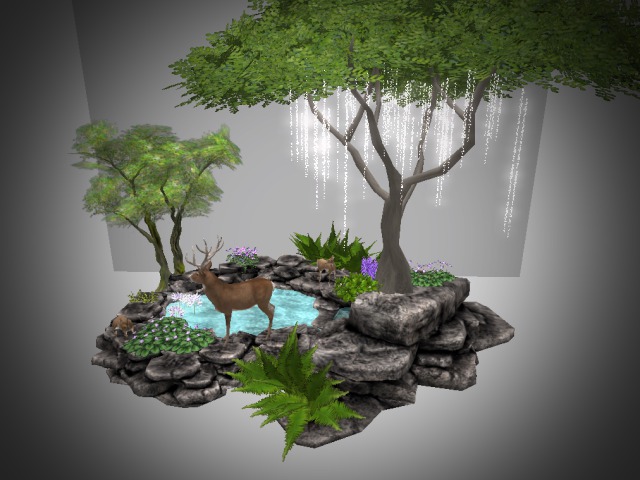 Pond with 2 cute Fawns and a Stag