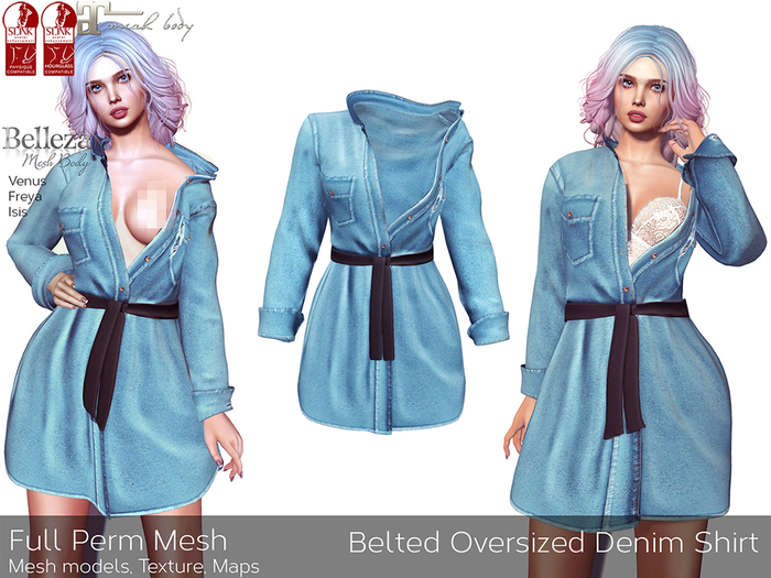 Full Perm Mesh ~ Belted Oversized Denim Shirt