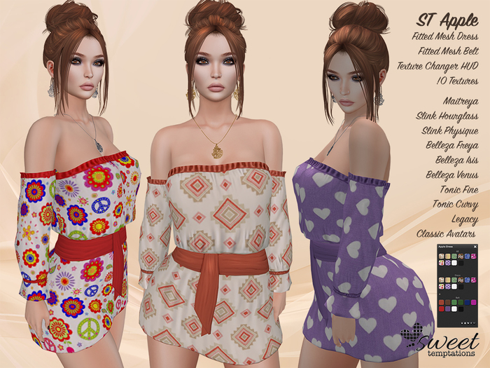 ST :: Apple Dress for Maitreya, Slink (P, H), Belleza ( V, I, F), Legacy, Tonic (F, C). 10 Text HUD. Mix & Match
