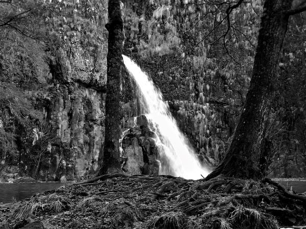 black and white waterfall