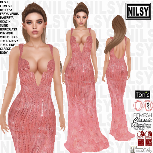 NILSY FEATHER SKIRT GLITTERED PINK GOWN,ALL BODIES