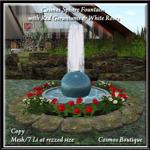 Cosmos Sphere Fountain with Red Geraniums & White Roses  (BOX)