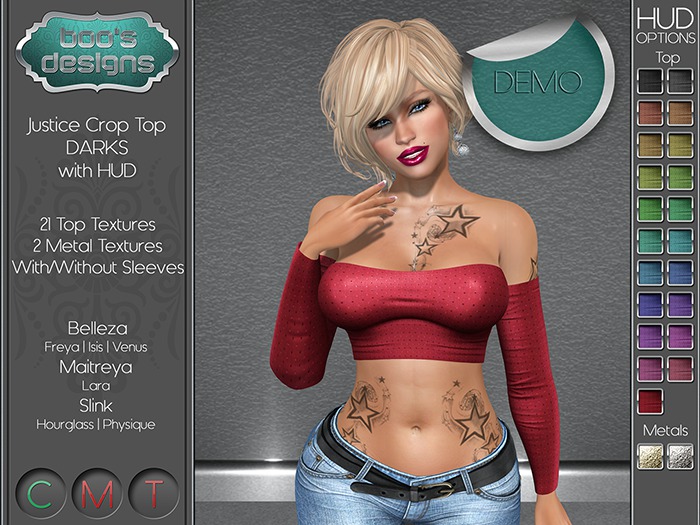 *BD* JUSTICE CROP TOP ~ DARKS ~ WITH HUD ~ DEMO (ADD ME!)