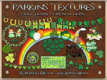 Parkins Textures - St Patrick Dec's Set - 20x Full Perm Alphas - Paddy, Green, Shamrock, Banner, Sign, Leprachaun, Gold