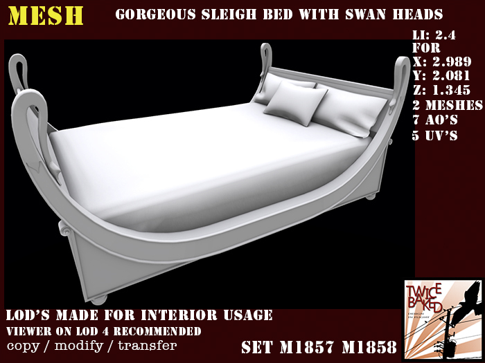 "TB" Gorgeous antique sleigh bed with swan heads M1857 M1858