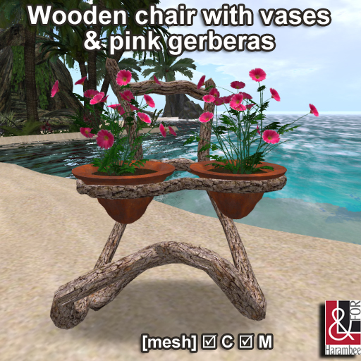 Wooden chair with vases & pink gerberas