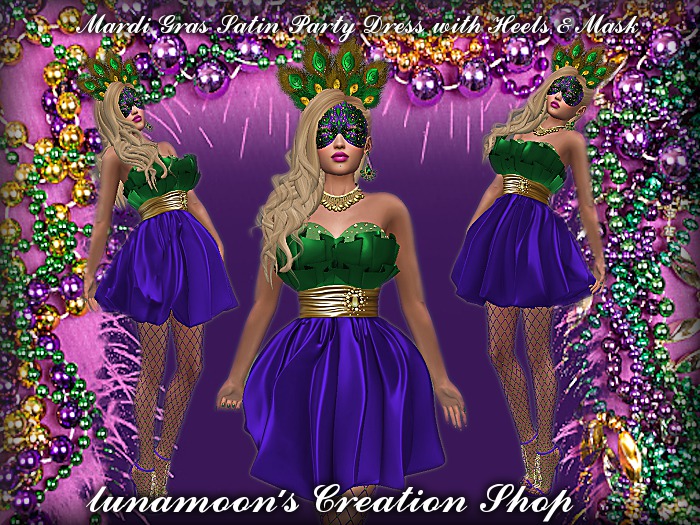 Mardi Gras Satin Party Dress with Heels & Mask