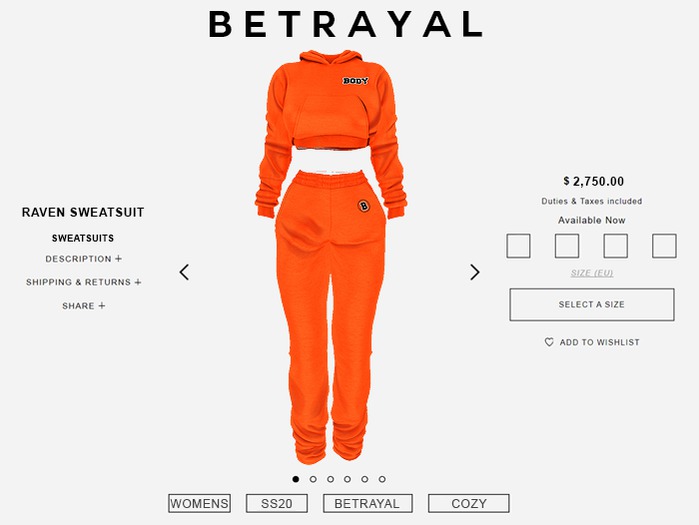 BETRAYAL. Raven Sweatsuit ORANGE