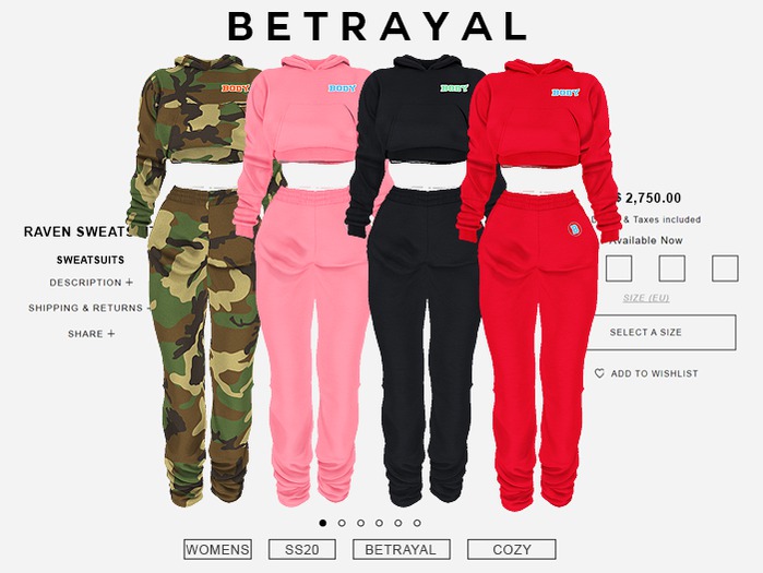 BETRAYAL. Raven Sweatsuit FATPACK