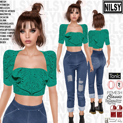 NILSY RUFFLED GREEN TOP AND JEAN CAPRI,ALL BODIES