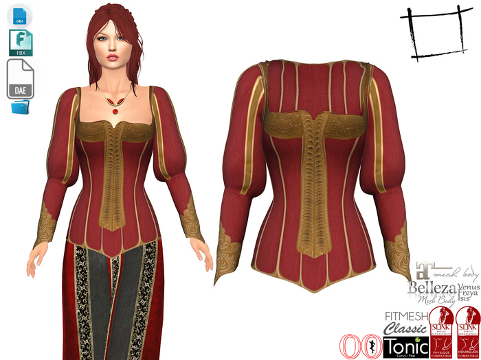Dae Obj FBX For Women's Quin Anne Neck Medieval Top Slink, Maitreya, Ocacin Voluptuous, Belleza, Tonic