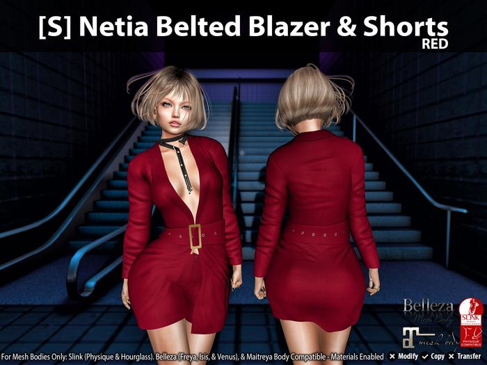 [S] Netia Belted Blazer & Shorts Red