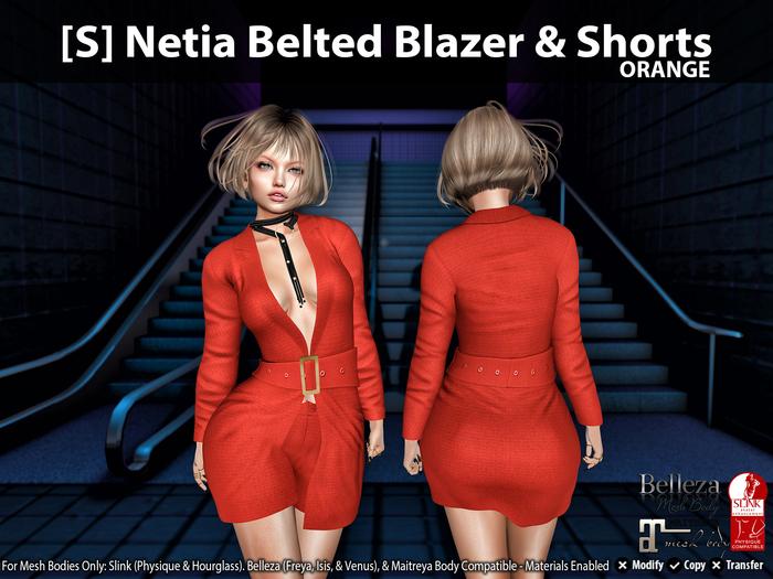 [S] Netia Belted Blazer & Shorts Orange
