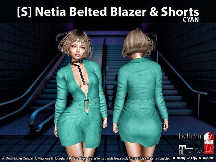 [S] Netia Belted Blazer & Shorts Cyan