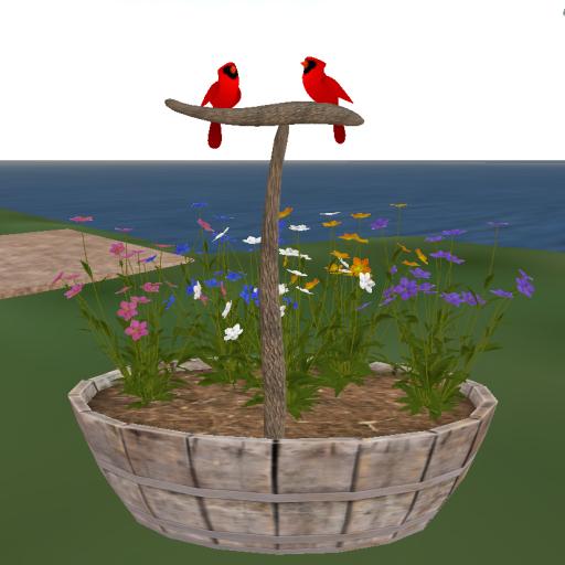 2 Cardinal On Perch with Flowers Planter