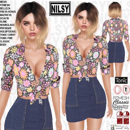 FLORAL SHIRT AND DENIM SKIRT,ALL BODIES