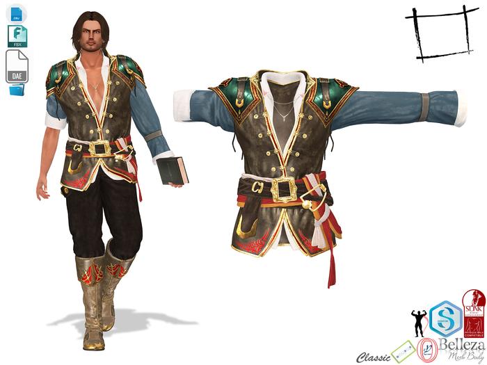 Dae Obj FBX Men's Epic Medieval Armoured Pirate Top Slink Male, Belleza Jake, Signature Gianni, Onupup