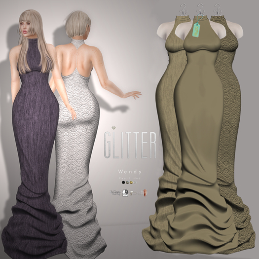 Glitter WENDY Fitmesh Gown w/Pearls Back Beig