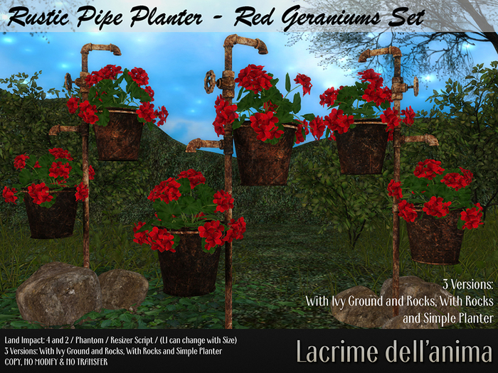 (BOX) Rustic Pipe Planter - Red Geraniums Set