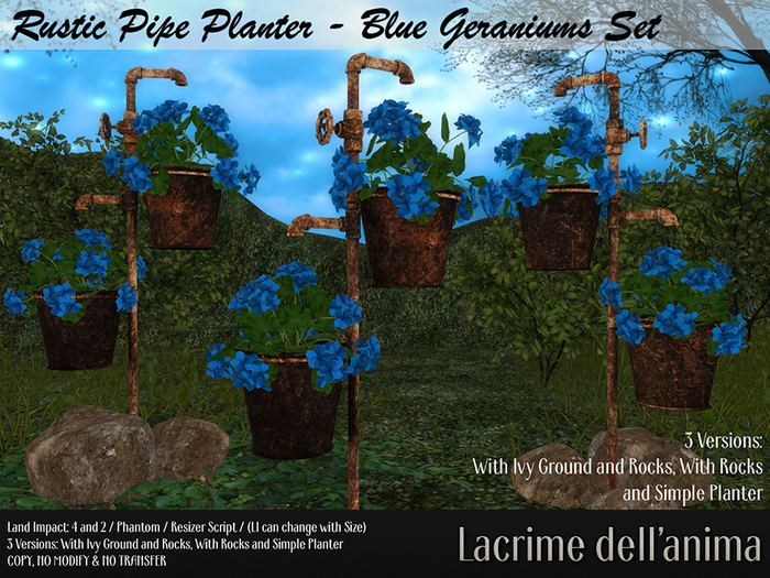 Rustic Pipe Planter - Blue Geraniums Set