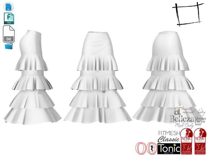 Dae Obj FBX For Women's Long Layered Tiered Skirt Slink, Maitreya, Ocacin Voluptuous, Belleza, Tonic