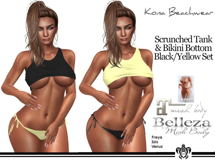 Kona Scrunched Tank & Bikini Bottom Black/Yellow Set