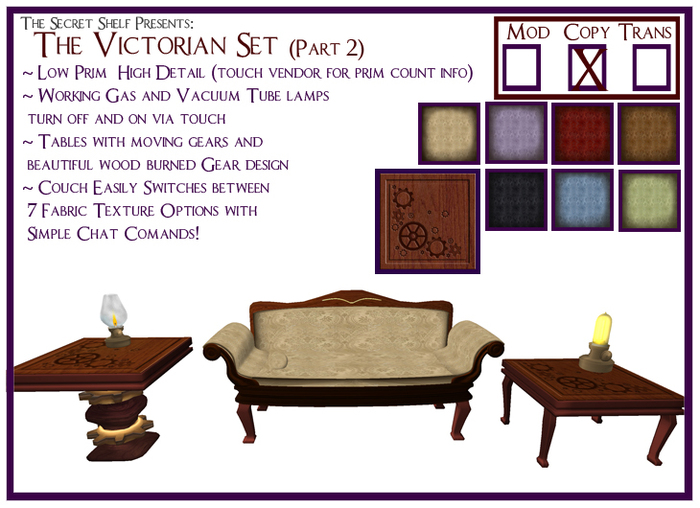*Secret Shelf* Victorian Set 2: Low-Prim SteamPunk Furniture Set with Working Lamps