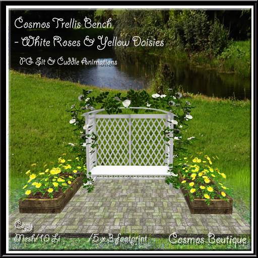 Cosmos Trellis Bench - White Roses & Yellow Daisies (BOX)