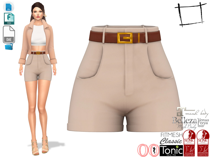 Dae Obj FBX For Beige High Waist Shorts With Belt Slink, Maitreya,Ocacin Voluptuous,Belleza,Tonic