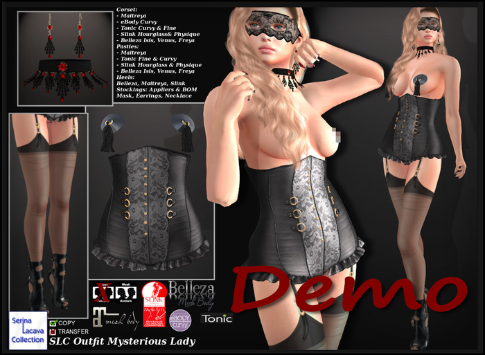 SLC Outfit Mysterious Lady Demo *Corset, Straps, Stockings, Heels, Earrings, Necklace & Mask