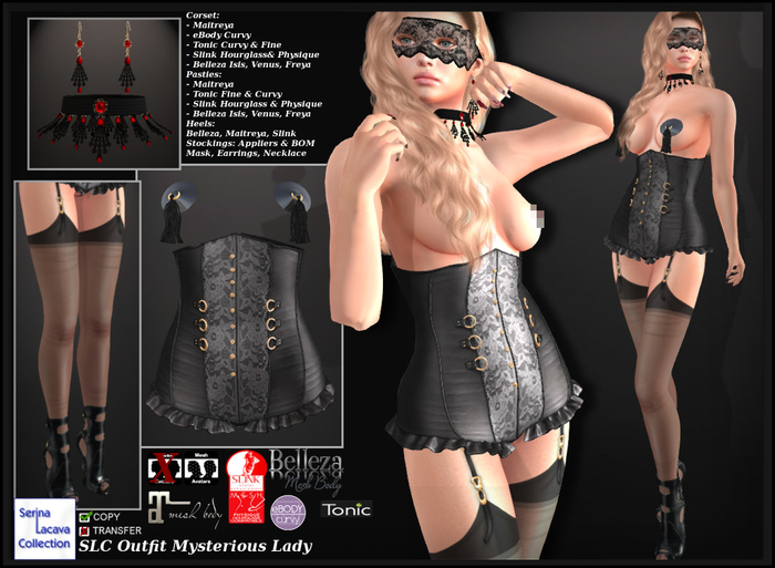 SLC Outfit Mysterious Lady *Corset, Straps, Stockings, Heels, Earrings, Necklace & Mask