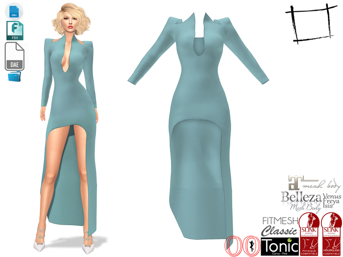 Dae Obj FBX For Women's High Shoulders V Cut Front Slit Long Dress Slink, Maitreya, Belleza, Tonic