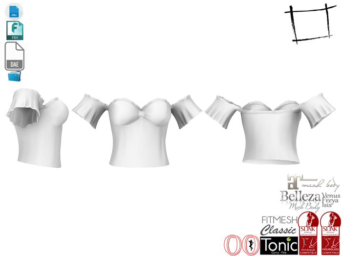 Dae Obj FBX For Strapless Off Shoulder Ruffled Short Sleeves Top Slink, Maitreya, Belleza, Tonic