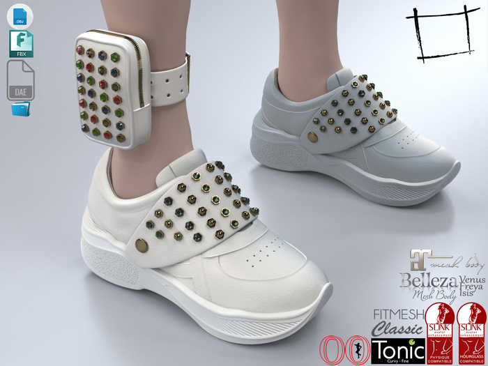 Dae Obj FBX For Futuristic Metal Nuts Decorated White Sports Shoes Slink, Maitreya, Belleza,Tonic