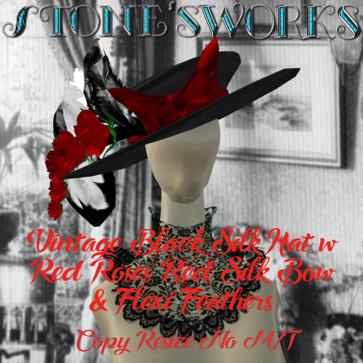 Lady Ascot Hat - Blk Red Roses  Stone's Works