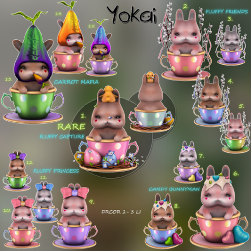 1.YOKAI - Baby Bunnies In Cups - Fluffy Capture RARE