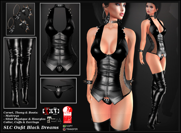 SLC Outfit Black Dreams Demo - Corset, Thong, Boots,Collar, Cuffs & Earrings - *Physique*Hourglas*Maitreya